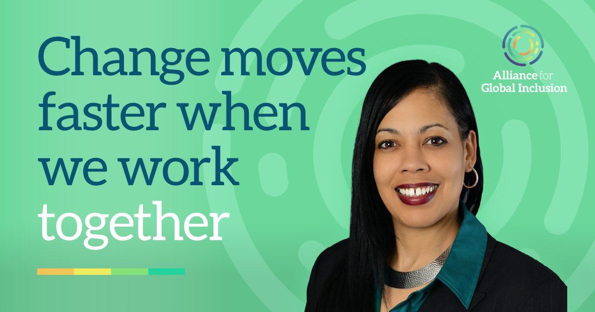 Photo of Dawn Jones, Chief Diversity & Inclusion Officer and VP of Social Impact at Intel, alongside the text "change moves faster when we work together" and the Alliance For Global Inclusion combination mark, horizontal rectangle